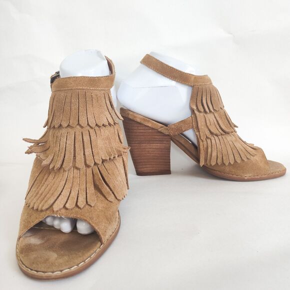 Very Volatile Sandals 8 Tan Suede Leather Fringe Block Heel Fringe Western Boho - Picture 5 of 10